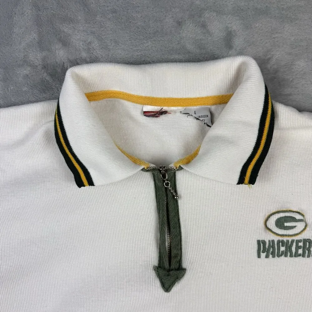 Vintage Green Bay Packers Embroidered Quarter Zip Polo Shirt White NFL L